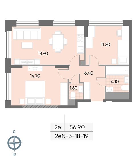 1 комн. квартира, 56.9 м², 19 этаж 