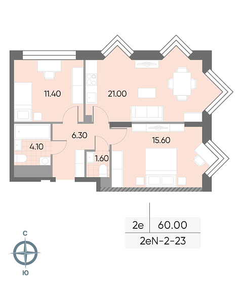 1 комн. квартира, 60 м², 23 этаж 