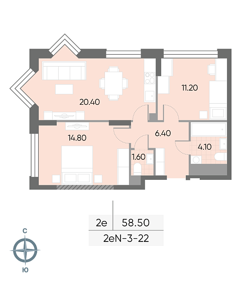 1 комн. квартира, 58.5 м², 22 этаж 