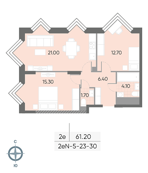 1 комн. квартира, 61.2 м², 30 этаж 