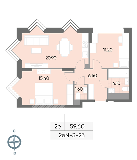 1 комн. квартира, 59.6 м², 23 этаж 