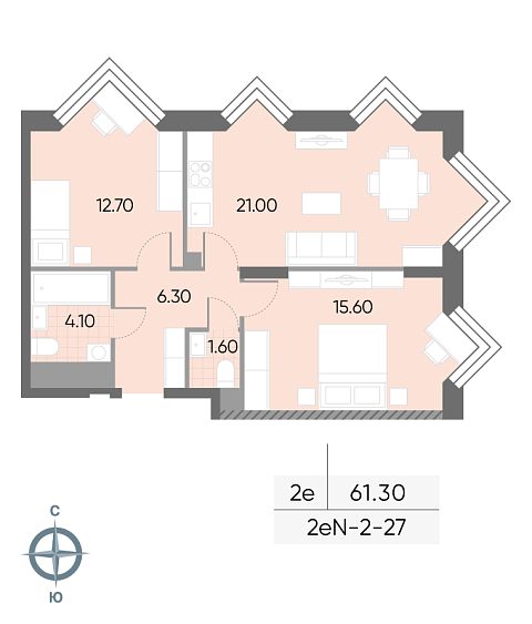 1 комн. квартира, 61.3 м², 27 этаж 