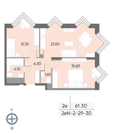 1 комн. квартира, 61.3 м², 29 этаж 