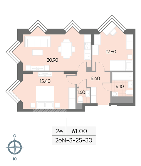 1 комн. квартира, 61 м², 29 этаж 