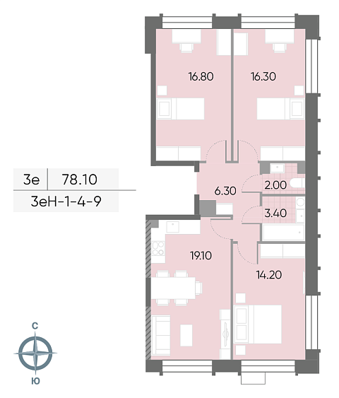 2 комн. квартира, 78.1 м², 7 этаж 