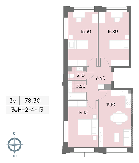 2 комн. квартира, 78.3 м², 9 этаж 