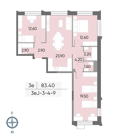 2 комн. квартира, 83.4 м², 9 этаж 