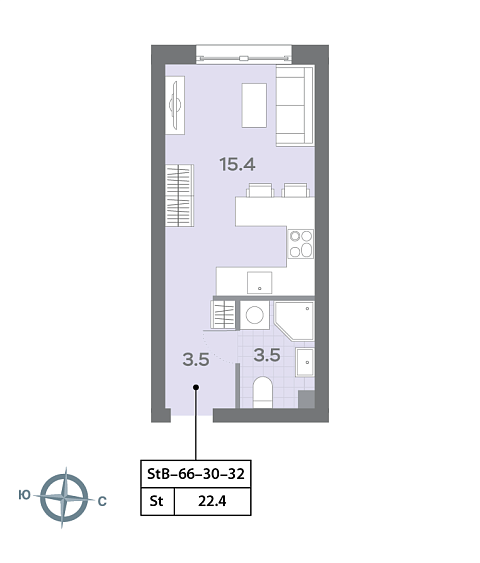 студия, 22.3 м², 32 этаж 