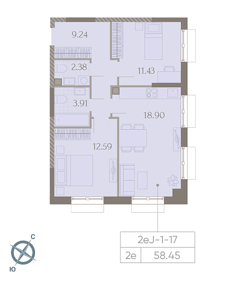 1 комн. квартира, 58.5 м², 17 этаж 