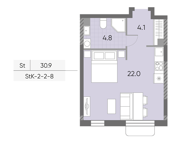 студия, 30.9 м², 8 этаж 