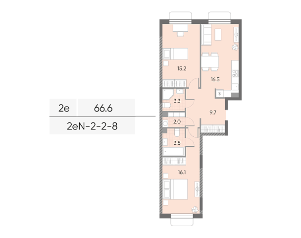 1 комн. квартира, 66.6 м², 7 этаж 