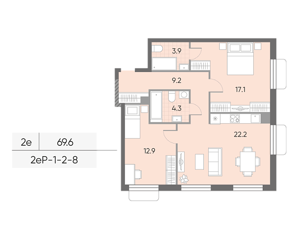 1 комн. квартира, 69.6 м², 5 этаж 
