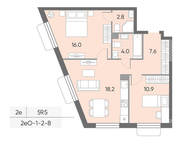 1 комн. квартира, 59.5 м², 8 этаж 