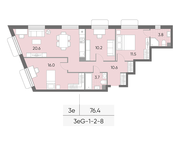2 комн. квартира, 76.4 м², 2 этаж 