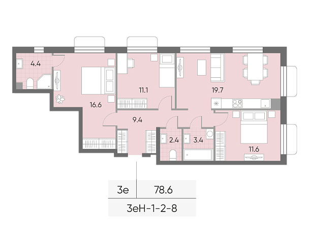 2 комн. квартира, 78.6 м², 5 этаж 