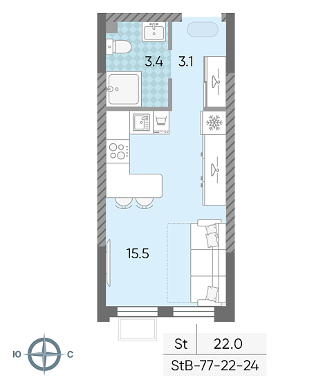 студия, 22 м², 24 этаж 