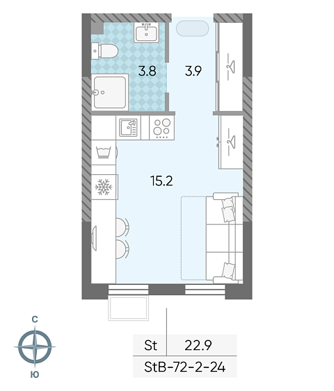студия, 22.9 м², 24 этаж 