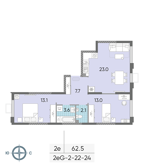 1 комн. квартира, 62.5 м², 23 этаж 