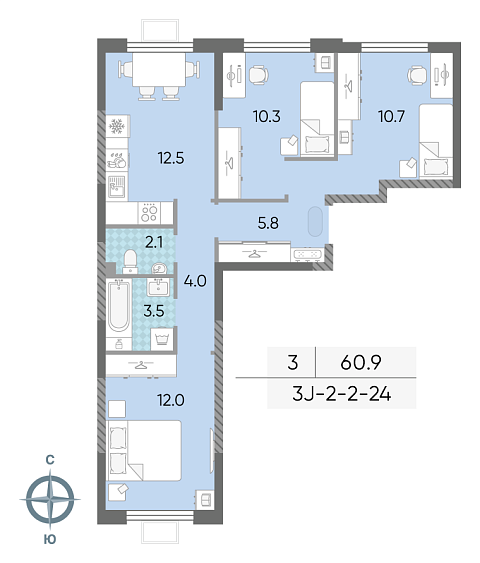 3 комн. квартира, 60.9 м², 24 этаж 