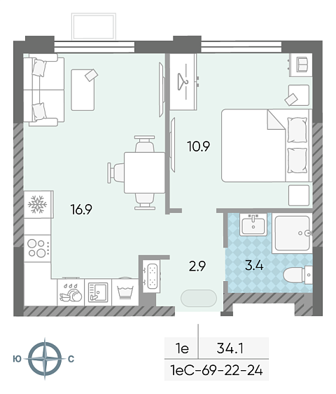 студия, 34.1 м², 23 этаж 