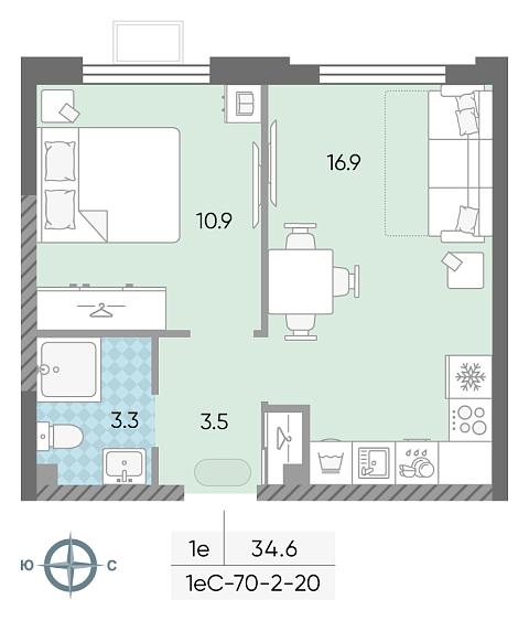 студия, 34.6 м², 20 этаж 