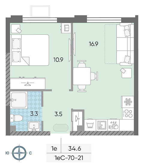 студия, 34.6 м², 21 этаж 