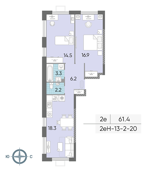 1 комн. квартира, 61.6 м², 20 этаж 