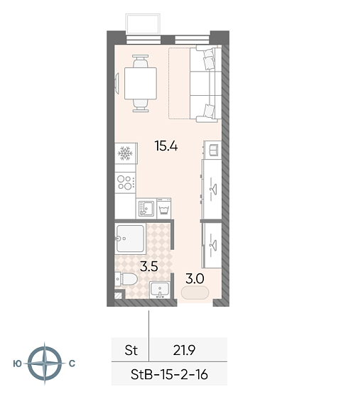 студия, 21.9 м², 14 этаж 