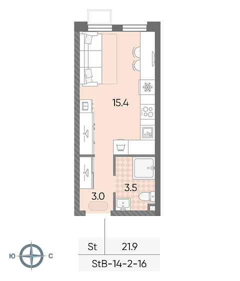 студия, 21.9 м², 14 этаж 