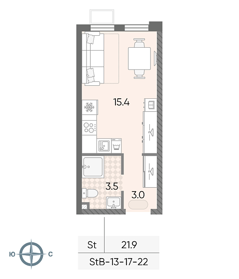 студия, 21.9 м², 17 этаж 