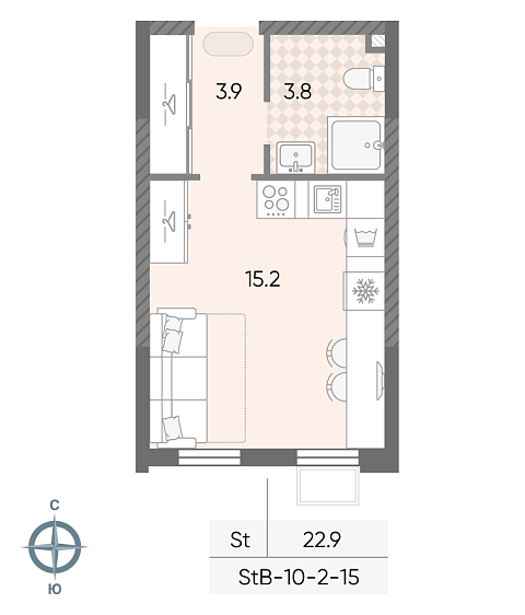 студия, 22.9 м², 9 этаж 