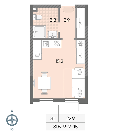 студия, 22.9 м², 9 этаж 
