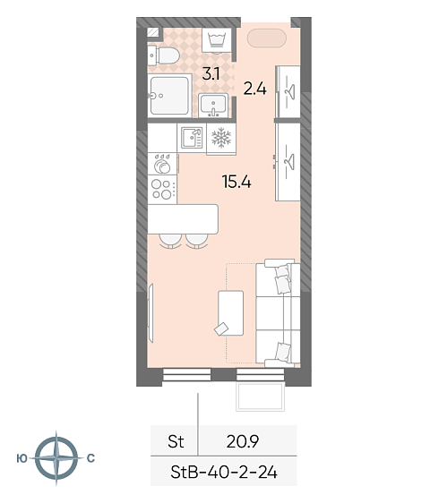 студия, 20.9 м², 20 этаж 