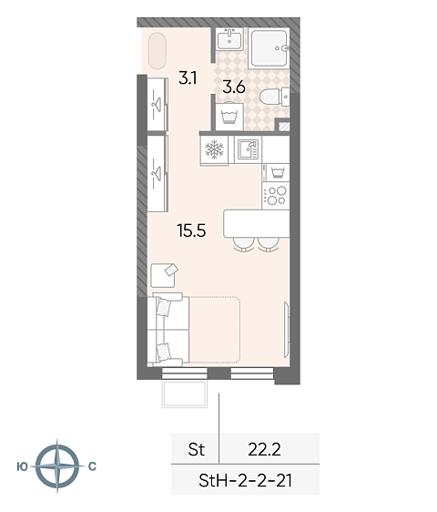 студия, 22.2 м², 21 этаж 