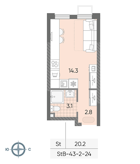 студия, 20.2 м², 20 этаж 