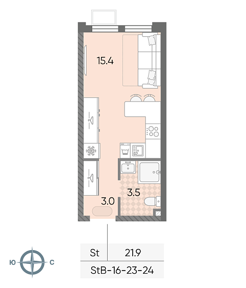 студия, 21.9 м², 24 этаж 