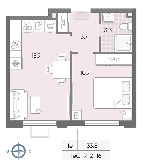 студия, 33.8 м², 12 этаж 