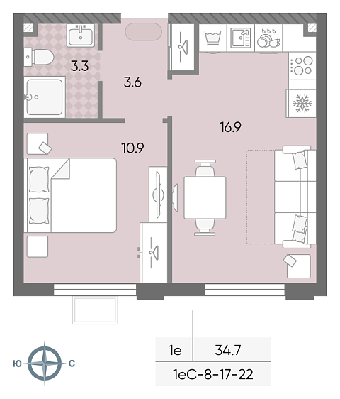 студия, 34.7 м², 17 этаж 