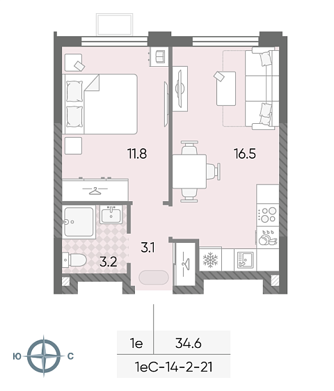 студия, 34.6 м², 12 этаж 