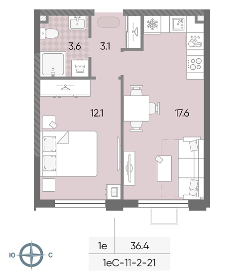 студия, 36.4 м², 15 этаж 