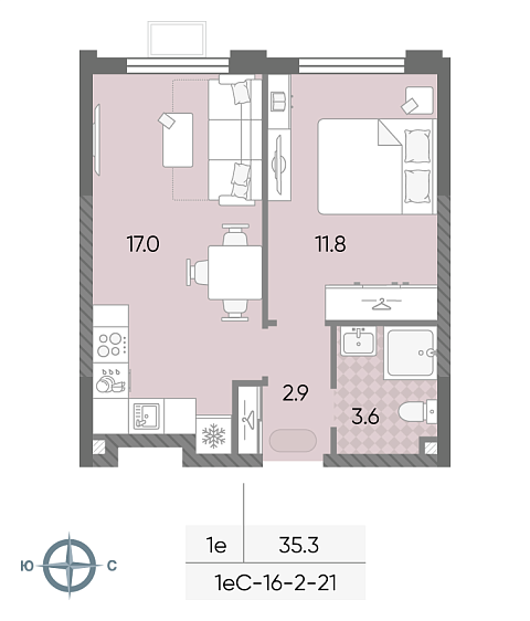студия, 35.3 м², 15 этаж 