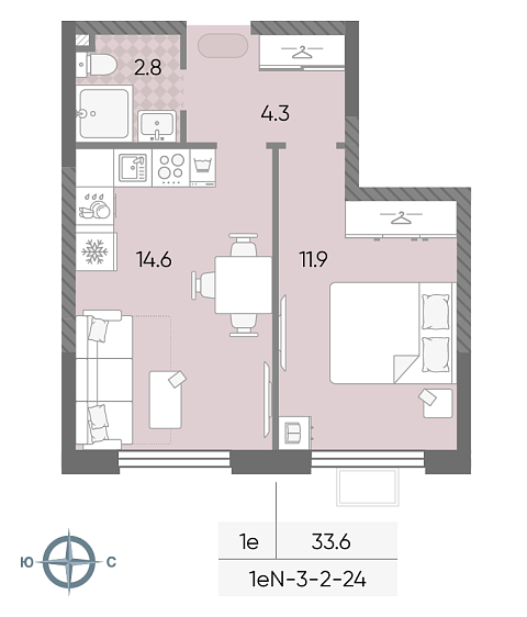 студия, 33.6 м², 2 этаж 