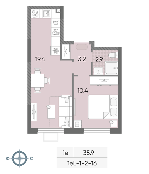 студия, 35.9 м², 11 этаж 