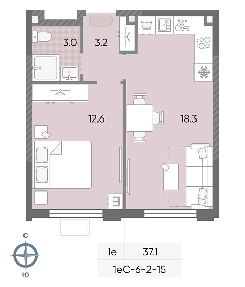 студия, 37.1 м², 3 этаж 
