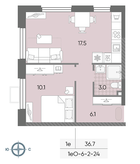 студия, 36.7 м², 5 этаж 
