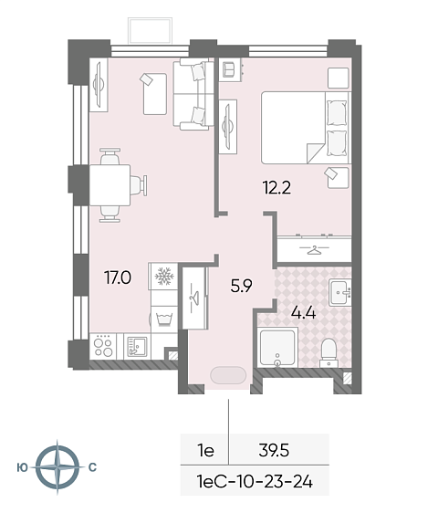 студия, 39.5 м², 23 этаж 