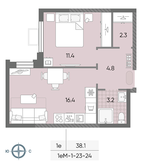 студия, 38.1 м², 24 этаж 