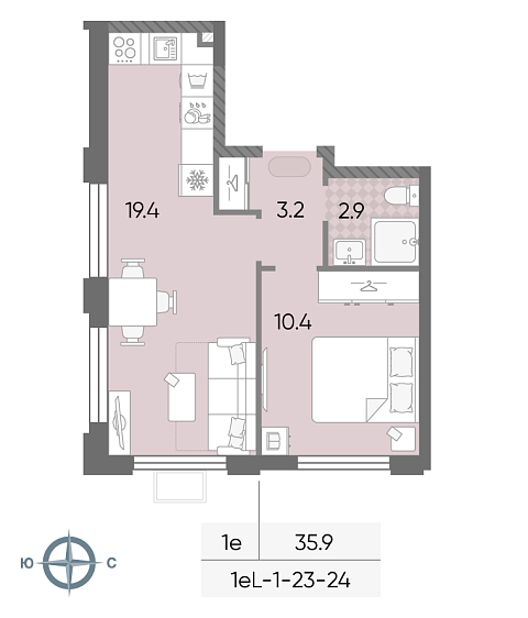 студия, 35.9 м², 24 этаж 