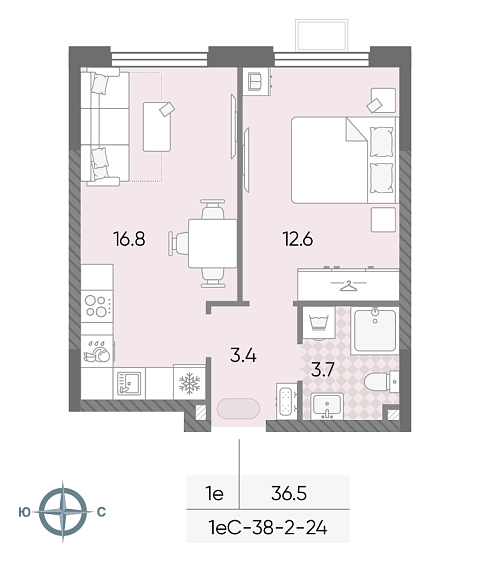 студия, 36.5 м², 24 этаж 