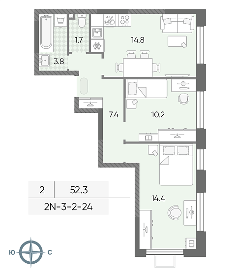 2 комн. квартира, 52.3 м², 17 этаж 